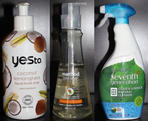 Left: Yes to Coconuts hand soap, Middle: Method dish washing liquid, Right: Seventh Generation all-purpose cleaner
