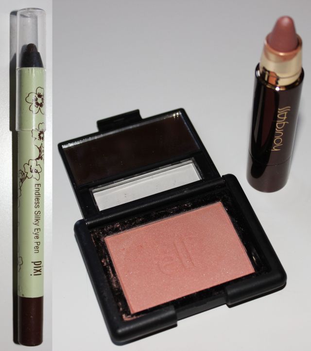 Left- Pixi Beauty Endless Silky Eye Pen in Black Cocoa Middle- ELF Studio Blush in Twinkle Pink Right- Hourglass Femme Nude Lip Stylo in Nude No. 6