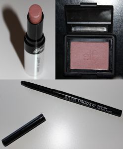 Upper Left- Wet n' Wild Fergie Daily Upper Right- ELF Studio blush in Mellow Mauve Bottom- Milani Liquid-like Eyeliner pencil in Black