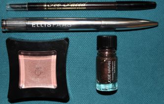 Top to Bottom: Too Faced Perfect Eyes Waterproof Eyeliner in Perfect Espresso, Ellis Faas Glazed Lips in L302, Illamasqua Cream Blusher in Zygomatic, Josie Maran Coconut Watercolor in Bora Bora Bronze