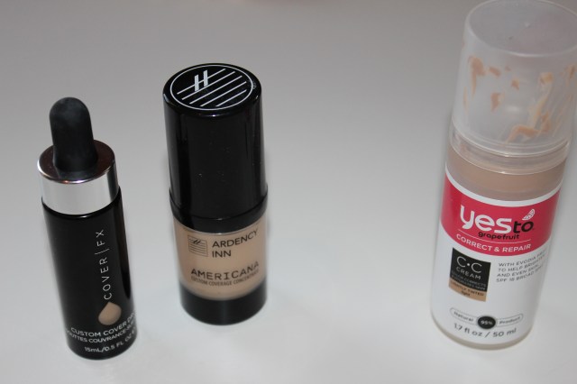 Left to Right: Cover Fx Custom Cover Drops, Ardency Inn Americana Custom Cover Concentrate, Yes to Grapefuit Correct and Repair CC Cream