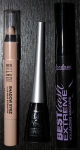 Left to Right: Milani Shadow Eyez in Almond Cream, Wet n' Wild H2O Proof Liquid Liner in Ultra Black, Jordana BestLash Extreme Volumizing Mascara