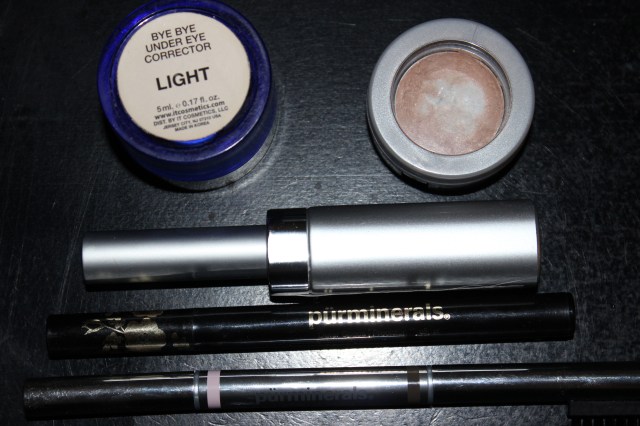 Top to Bottom: It Cosmetics Bye Bye Under Eye Corrector in Light, Pur Minerals Disappearing Act concealer, Pur Minerals Eye Prep, Pur Minerals Outer Space Precision Eyeliner, Pur Minerals Wake Up Brow