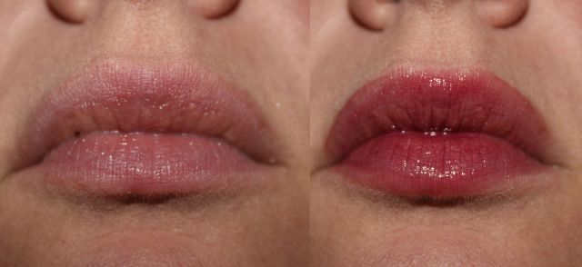 Left: bare lips, Right: Lauren Brooke Colourfusion Lip Glaze in Candied Plum