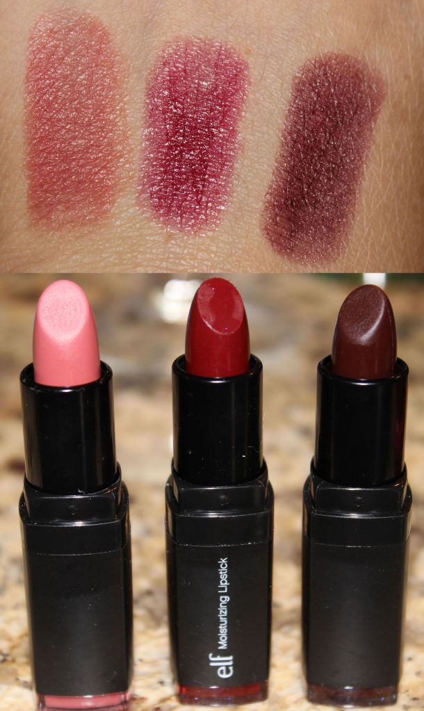 ELF Studio Moisturizing Lipsticks L to R: Marsala Blush, Bordeaux Beauty, Black Berry 