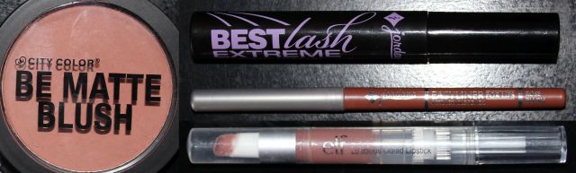 Clockwise: City Color Be Matte Blush in Papaya, Jordana Best Lash Extreme Volumizing Mascara, Jordana Lip Liner in Rose Blush, ELF Essential Lip Stick in Maple Sugar.