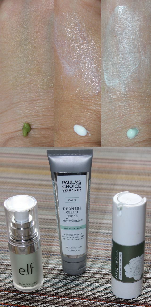 redness reducing primers ELF, Paula's Choice, FitGlow