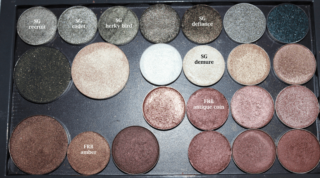 single eye shadows green, gold, bronze